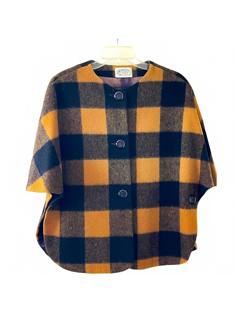 Plaid Cape Jacket Black & Gold – Vintage Quiet Luxury Poncho